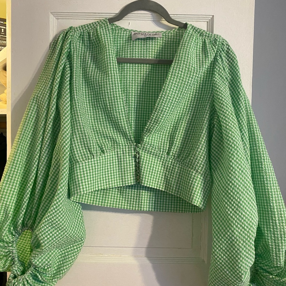 Chloe Green and White Puff Sleeve Crop Blouse
